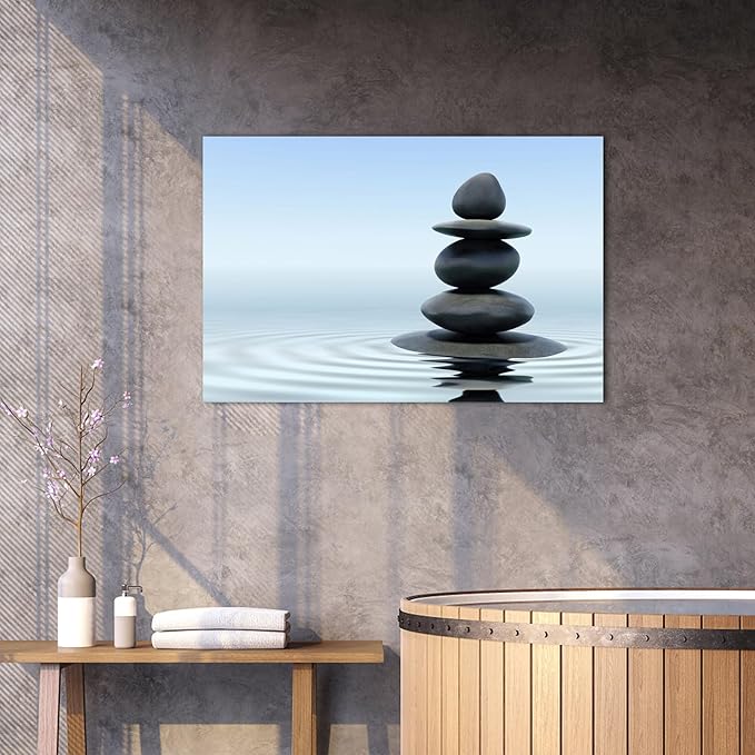 Zen Wall Art Decor, Modern Bathroom Zen Decor Wall Art, Zen Relaxing Canvas Wall Art for Spa Room Decor, Black Pebble and Waves Tranquil Zen Art Prints for Office & Spa Wall Decor 18x24 Inches