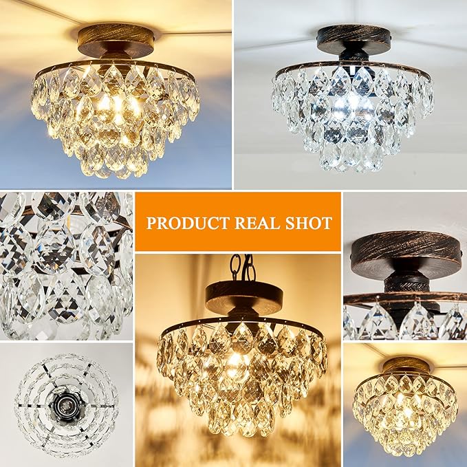 YYJLX Crystal Chandelier,Modern Semi Flush Mount Small Ceiling Light Oil Rubbed Bronze,Mini E26 Ceiling Lamp for Hallway Bedroom Bathroom Closet