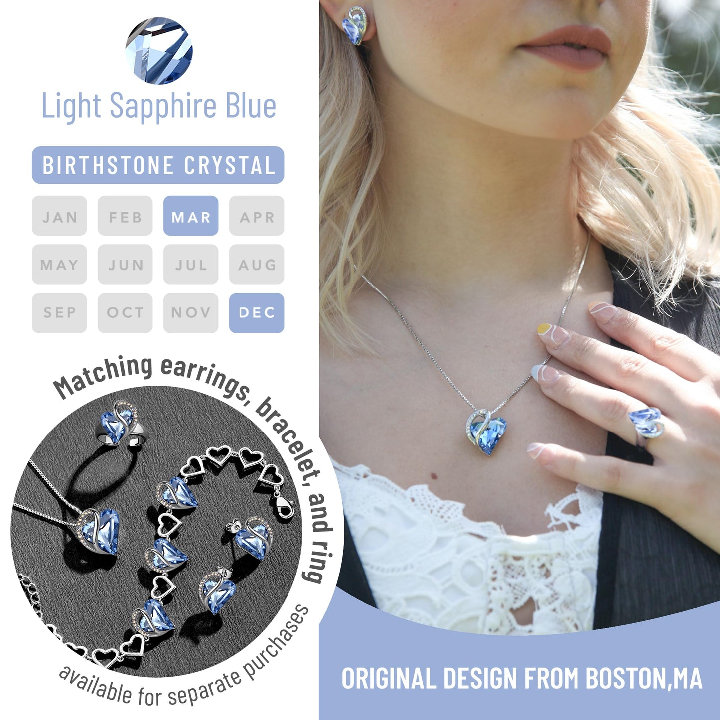 Leafael Necklaces for Women, Infinity Love Birthstone Heart Pendant with Light Sapphire Blue Crystal for March December, Birthday Jewelry Gifts for Her, Mom, and Wife, Silver Plated, 18 + 2 inch Chain