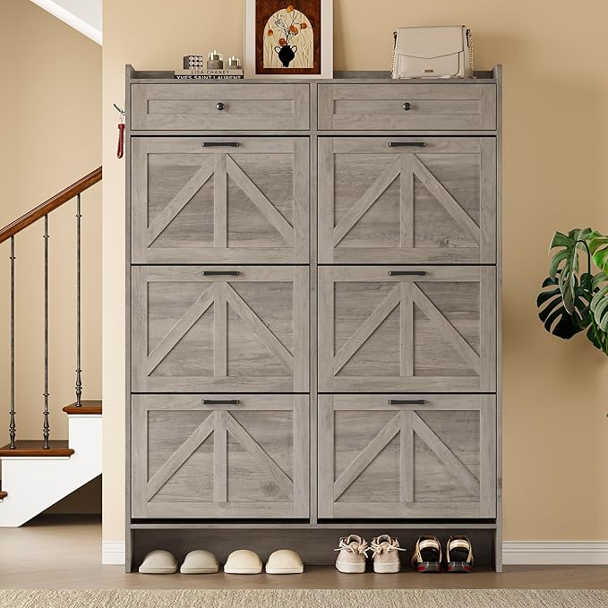 Shoe Cabinet for Entryway, Farmhouse Shoe Storage Cabinet with 6 Flip Drawers and 2 Top Drawers, Tall Narrow Shoe Organizer Cabinet with Adjustable Shelves, Side Hooks and Anti-Tip Kit