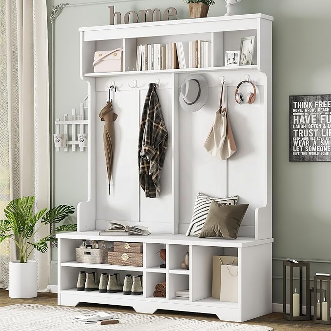 Modern Entryway 3-Tier Hall Tree, Coat Rack with Shoe Storage, Bench Seat, 6 Metal Hooks and Open Shelves, for Organized Homes (White)