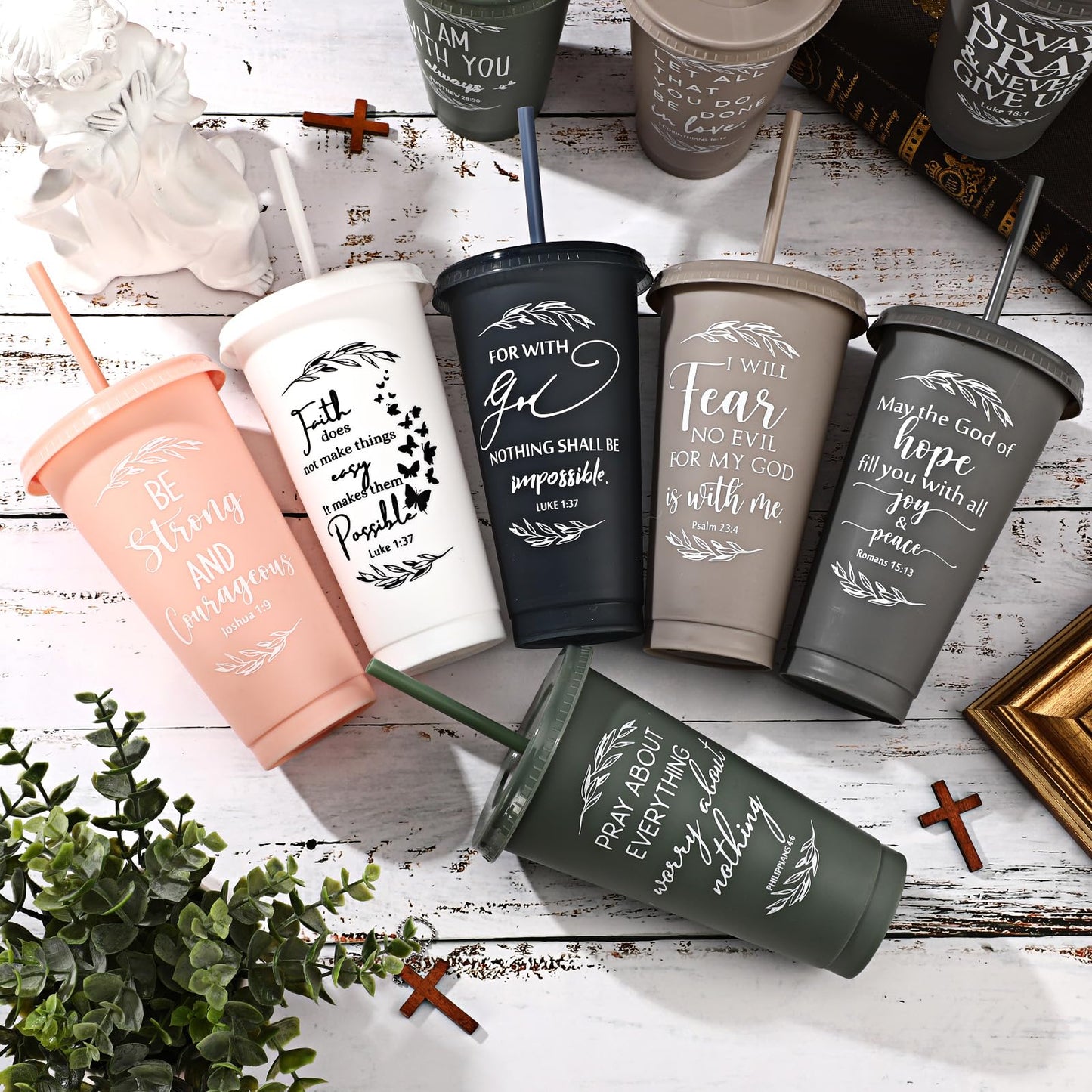 Havawish Inspirational Christian Gift Bible Verse Tumbler Bulk 24 oz Drinking Tumblers with Lid Straw Religious Plastic Cup for Pastor Appreciation Day Women Men Sunday School Church(Vivid Color,24)