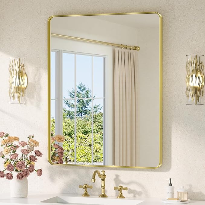 TETOTE Gold Mirror Bathroom 28 x 36 Brushed Gold Metal Framed Vanity Mirror, Tempered Glass, Modern Farmhouse Wall Mounted Mirrors for Decorative(Horizontal/Vertical)