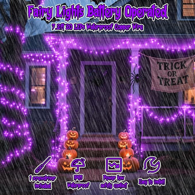 TingMiao Halloween Purple Fairy Lights Battery Operate,7.2ft 20 LEDs String Lights Silver Copper Wire for Hallowen Christmas DIY Decoration Wedding Party (6 Pack)