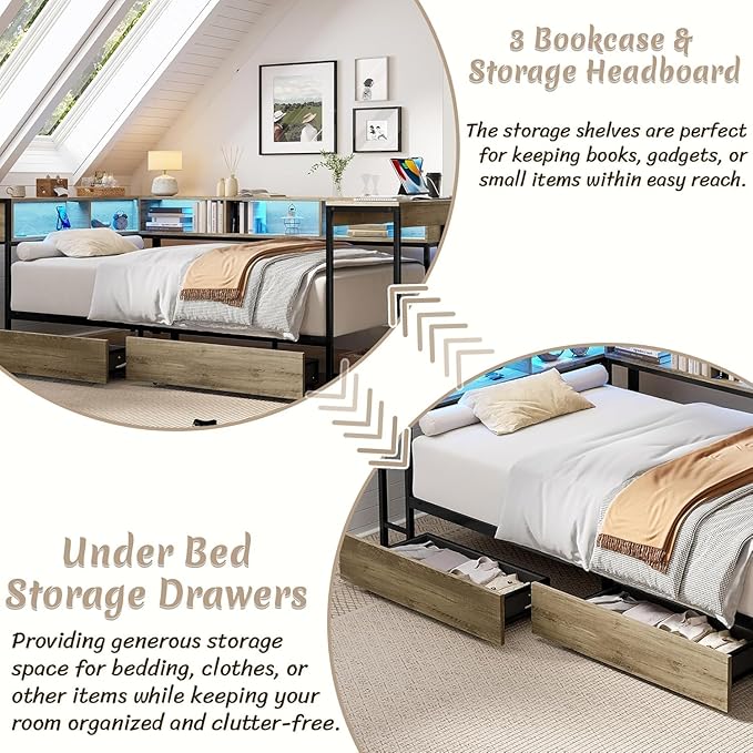 Twin Corner Bed Frame with Desk and Storage Bookcase, L- Shaped Daybed with 2 Drawers, LED Lights & 2 Charging Station, Modern Metal Twin Size Platform Bed for Kids/Teen Bedroom, Brown