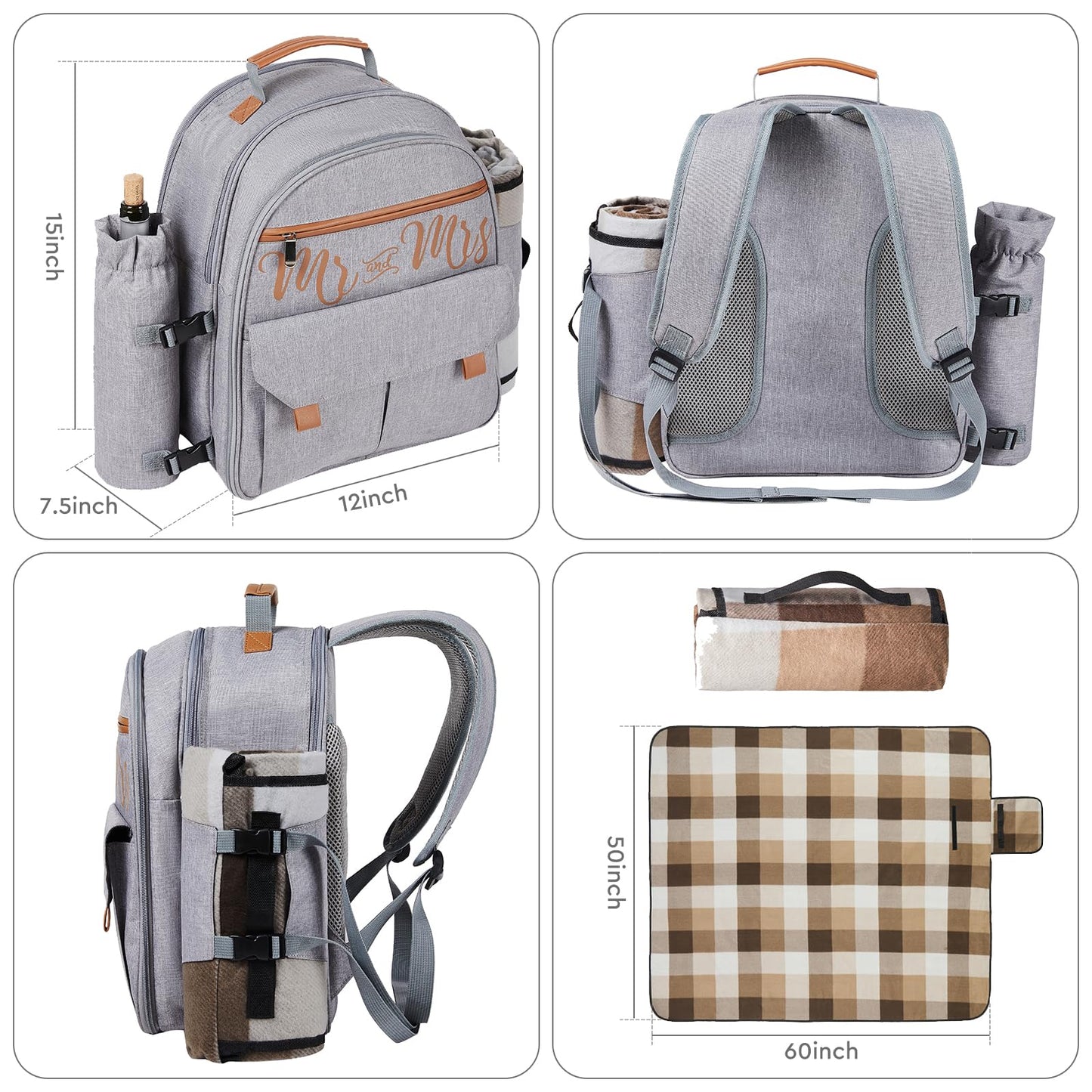 Couple Gifts 22L Picnic Basket Set, Grey Insulated Picnic Backpack for 2, Leak Proof Cooler Camping Gifts, Cool Bridal Shower Gifts Anniversary Engagement Wedding Gifts for Couples, Mr and Mrs Gifts
