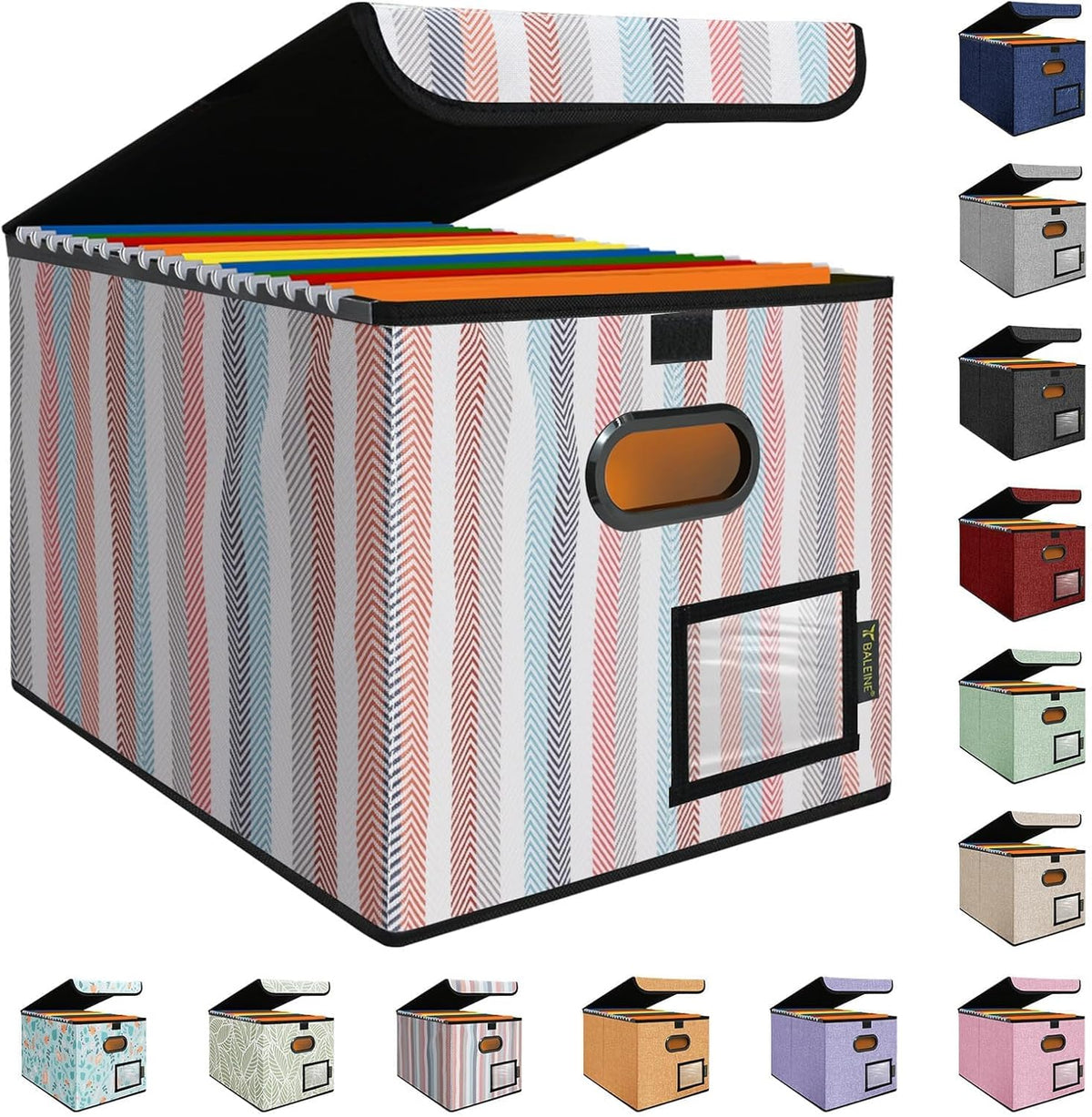 BALEINE File Organizer Box with Lid, Collapsible File Folder Organizer with Plastic Slide, Hanging File Folder Box for Office Document Storage (1 Pack, Color Stripe)