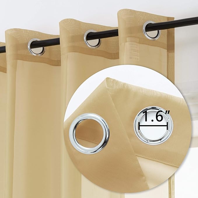 DUALIFE Tan Beige Sheer Curtain 108 Inch Length Light Brown Semi Voile Sheer Curtains Window Drapes for Living Room and Bedroom Window Treatments 2 Panels 52x108 Inches Long 9 FT Natural Taupe