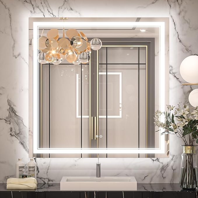 Keonjinn 36" x 36" Square Bathroom Mirror with Lights, Frontlit & Backlit LED Mirror, Safe Tempered Glass, 3 Color Lights, Dimmable, Defogging, Smart Bathroom Vanity Mirror for Wall