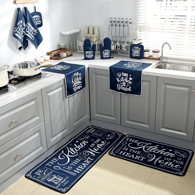 Fourluoo 10 Pcs Farmhouse Kitchen Decor and Accessories Set 4 Kitchen Towels 2 Pot Holders 2 Oven Mitts 2 Rugs for Cooking Baking Mom Housewarming Gifts(Dark Blue,Classic Style)