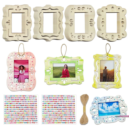 KitsyKraft DIY Wooden Photo Frame Craft Kit - 24 Pcs Unfinished Frames, 2 Rhinestone Sheets & 10m Twine for Personalized Home Decor