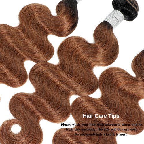 ALHER T1B/30 Human Hair Bundles Body Wave, 12A Ombre Brown Colored 3 Bundles Dark Root Two-tone, 100% Brazilian Virgin Remy Human Hair for Black Women Soft Thick Wavy 12 14 16 Inch