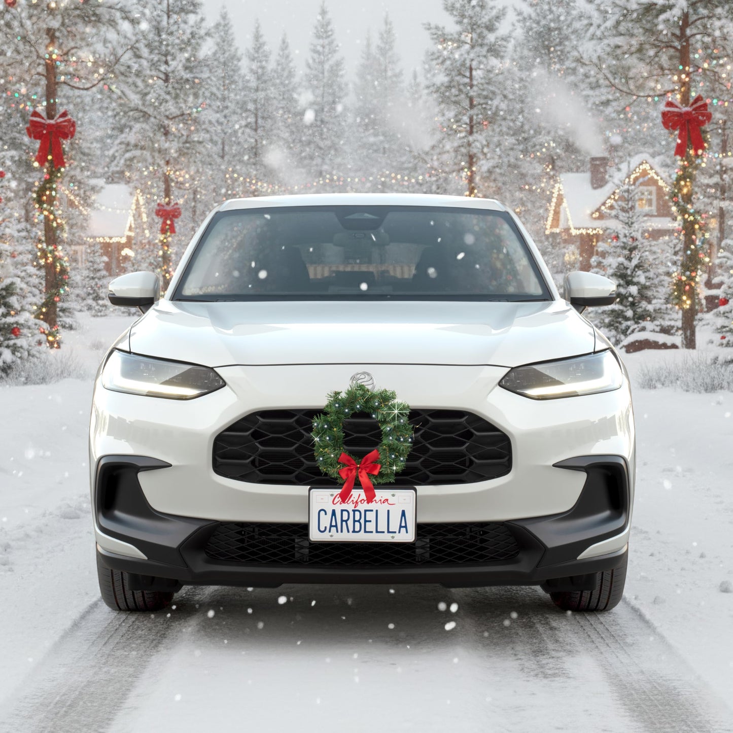 Carbella Christmas Wreath for Car Truck SUV Van, LED Light Up with Red Bow Decoration Ornament Mount Xmas Artificial Pine Water-Proof Winter Holiday Wreath Mounting Hardware Included (11" x 11"")"