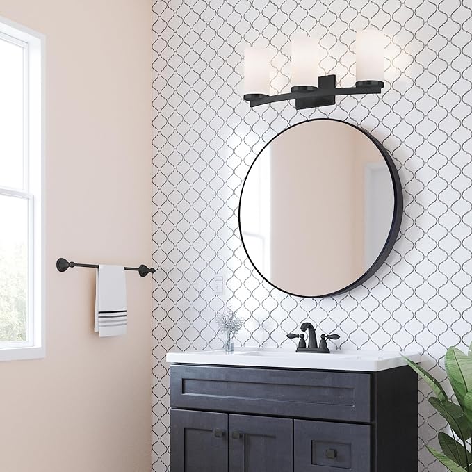 Design House Desta Vanity Light, 3-Light, Curved Bar Design, Frosted Glass Glow, Dimmable, Up/Down Mountable, E26 Socket, Black, 22.4 in L x 6.9 in W x 9.5 in H, 589150-BLK