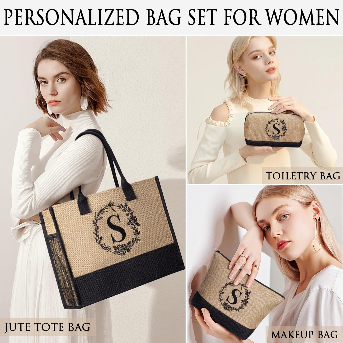 Personalized Gifts for Women Tote Bag, Initial Jute Tote Bag & Makeup Bags Monogrammed Beach Bag w/ Zipper, Birthday Gifts Mothers Day Gifts for Mom Women Her Friend Sister Wife Grandma Teacher Nurse