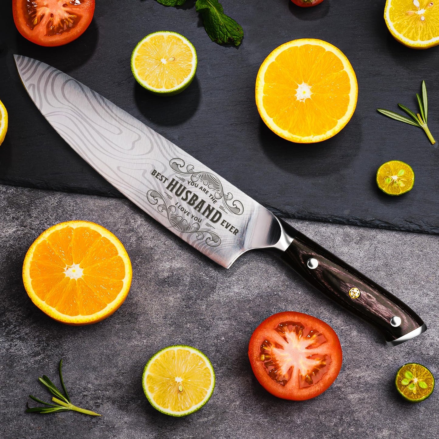 Funistree Anniversary Men Gifts for Him Husband, 8 inch Professional German Stainless Steel Chef Knife, Engraved Best Husband Ever Knife Gift, Christmas Anniversary Birthday Gifts for Men Husband