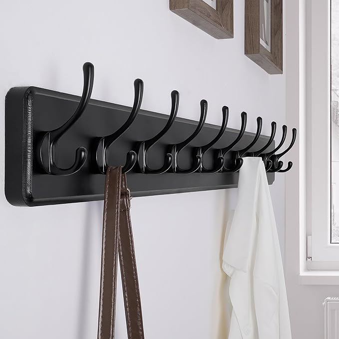 SKOLOO Rustic Wall Mounted Coat Rack, Case of 2, Pine Solid Wood Coat Hook Hanger - 10 Hooks for Hanging Clothes Robes Towels Coats