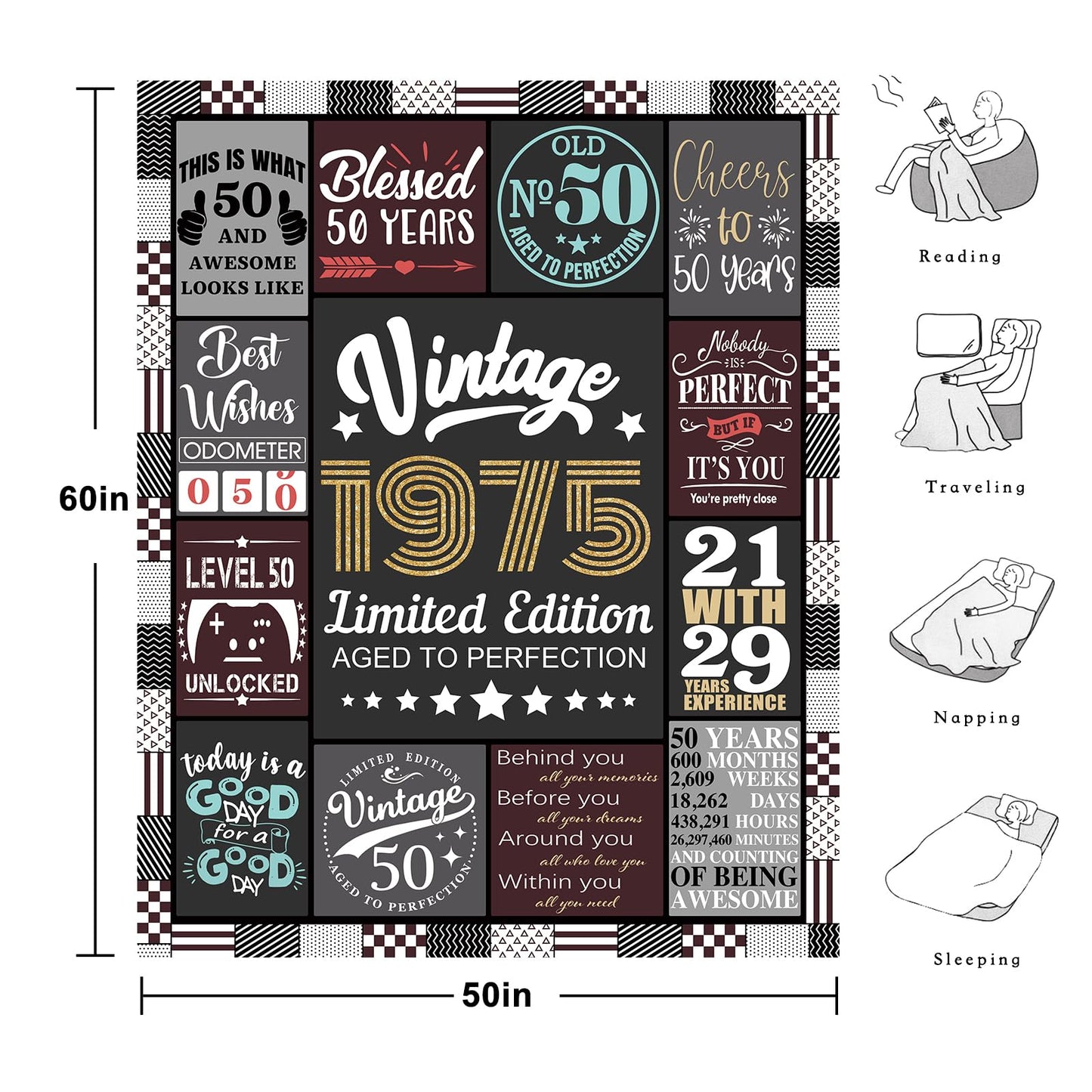 50th Birthday Gifts for Him, 50th Birthday Gifts for Men with Gift Box, Blanket Gifts for 50 Year Old Men Bday