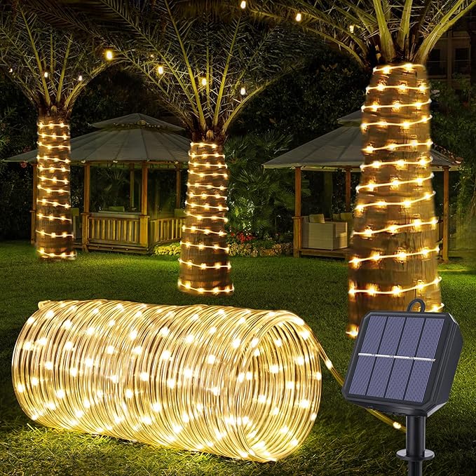 Solar Rope Lights, 33ft 100LED Solar String Lights, 8 Modes Waterproof Solar Powered Outdoor Light, Flexible Clear Tube Light for Garden, Backyard, Patio, Deck, Porch, Pool,Tree Decoration- Warm White