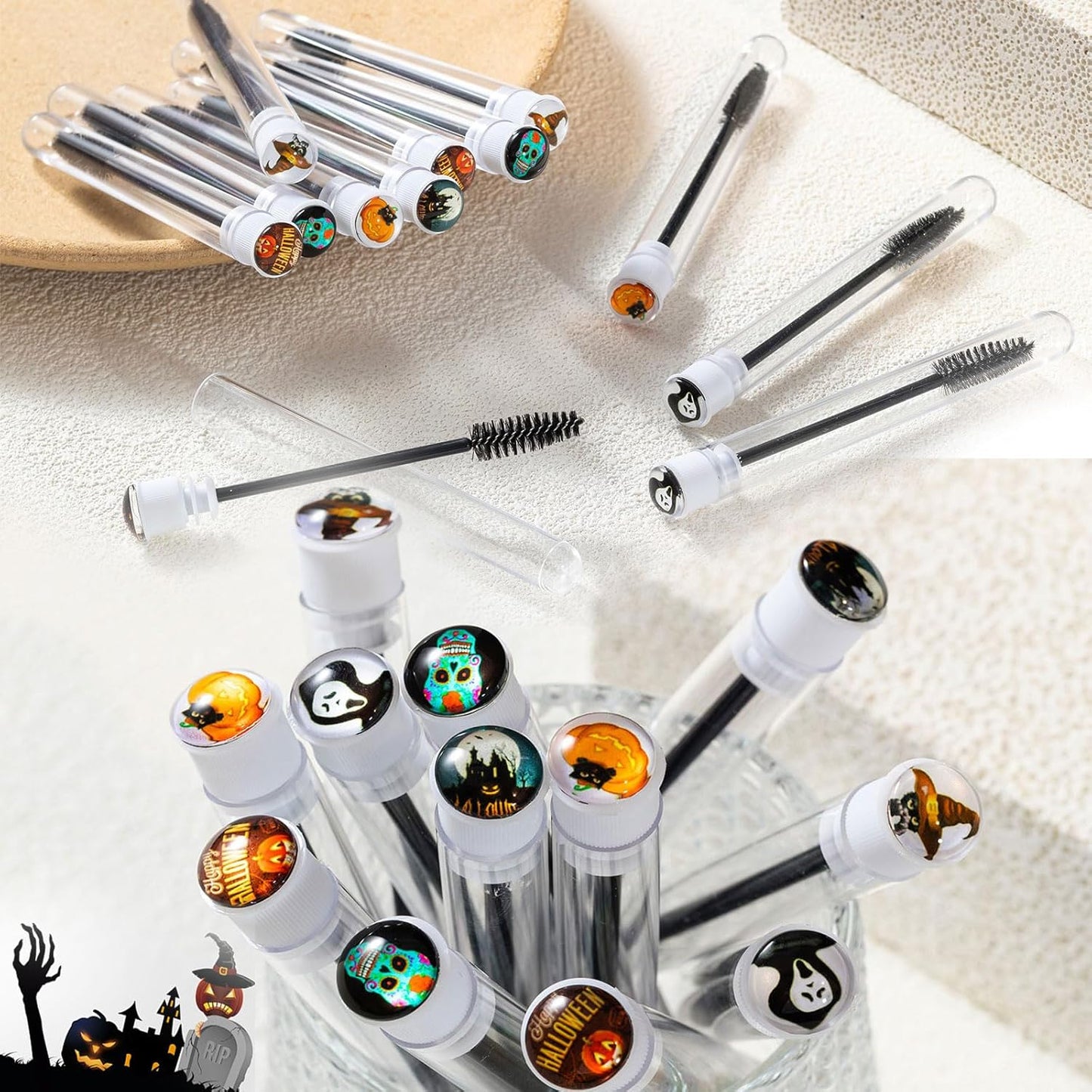Halloween Party Decration 48 Pieces Disposable Mascara Wands Set, Include 24 Pcs Crystal Lash Spoolies Brush and 24 Pcs Reusable Empty Eyelash Brush Tubes Women Girls Gift Idea