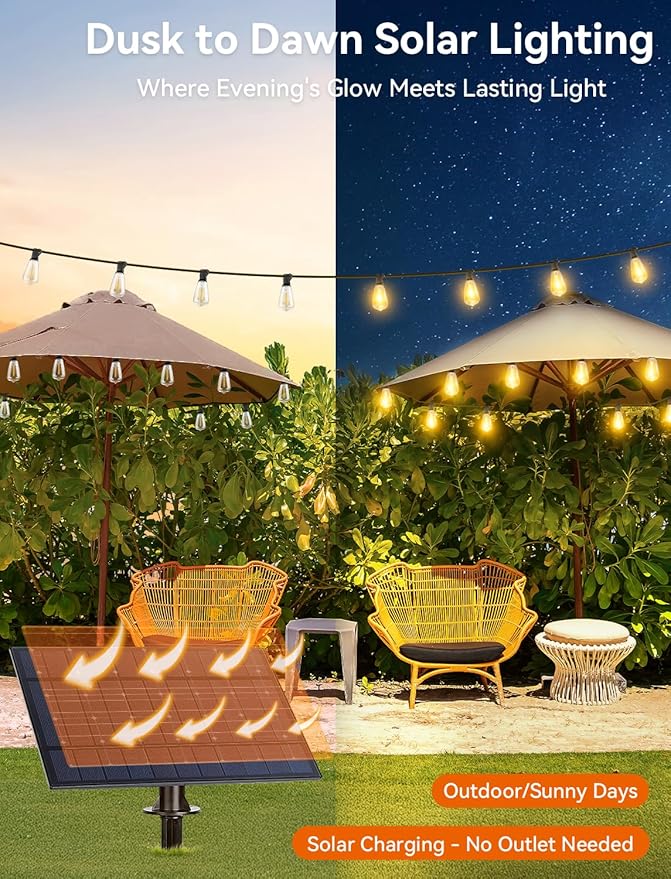 Brightever 150FT Solar String Lights Outdoor Waterproof with Remot, 55+2 Shatterproof ST38 LED Bulbs, Dimmable & 3 Lighting Modes, Warm White Solar Patio Lights for Balcony, Deck, Wedding