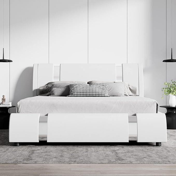 SHA CERLIN Queen Platform Bed Frame with Iron Pieces Decor and Adjustable Headboard/Deluxe Upholstered Modern Bed with Solid Wooden Slats Support/No Box Spring Needed, White
