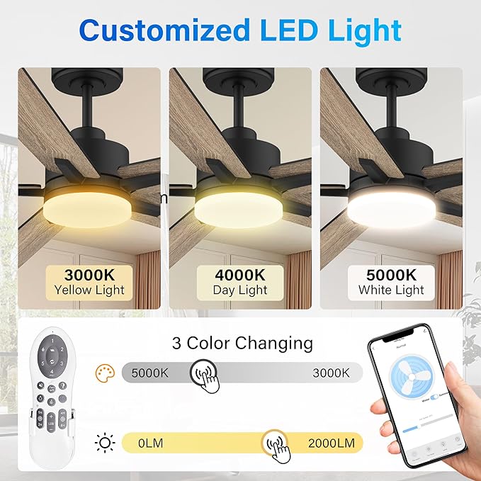 60” Smart Ceiling Fan with Lights Remote,Control via Alexa Google App Wifi,Silent DC Motor,Dimmable,Outdoor Indoor Modern Ceiling Fans for Large Bedroom Living Room Kitchen Patio,Black Walnut Brown