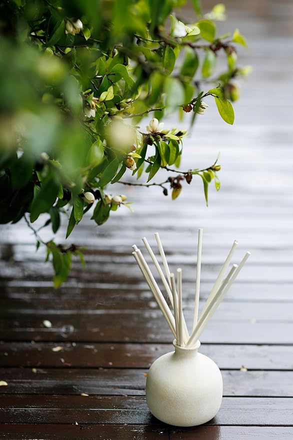 Blueme Happiness Diffuser | Yuzu & Ginger | 16.91 Fl Oz - Refillable Wellness Diffuser, Contains Essential Oil, Sustainable, Hand Finished, Premium, Luxury Ceramic, Natural Rattan Reeds | Large