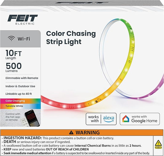 Feit Electric 10FT Smart Chasing LED Strip Light, RGB Color-Changing + Tunable White, Wi-Fi App & Remote Control, Alexa & Google Home, Linkable, Cuttable, Indoor/Outdoor, TAPE10/CHASE/AG