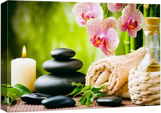 wall26 Canvas Print Wall Art Massage Stones Zen Pink Orchid Flower Plants Candles Nature Wilderness Photography Realism Rustic Landscape Colorful for Living Room, Bedroom, Bathroom, Office - 24"x36"