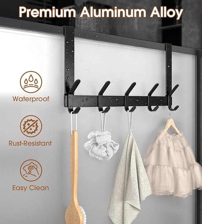 Over The Door Hooks Hanger with 7" Arms for Hanging Heavy Coats, Towel, J7U, Perfectly Fits US Standard 1 3/8-inch Doors, Towel Rack Bathroom Organizer Holder, Rustproof, Matte Black
