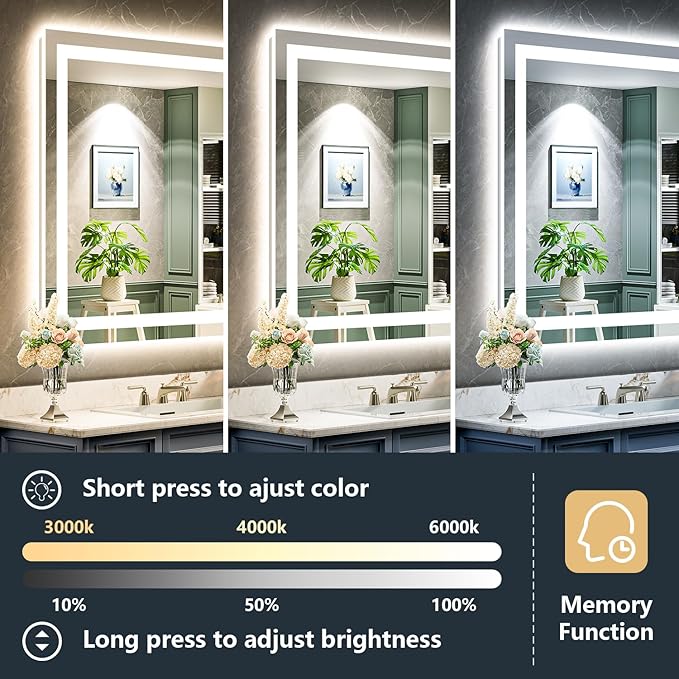 32x32 Inch LED Bathroom Mirror with Lights Front and Backlit Lighted Vanity Mirror for Bathroom Wall with 3 Colors Dimmable Anti-Fog Memory Shatter-Proof IP54 Waterproof Horizontal/Vertical
