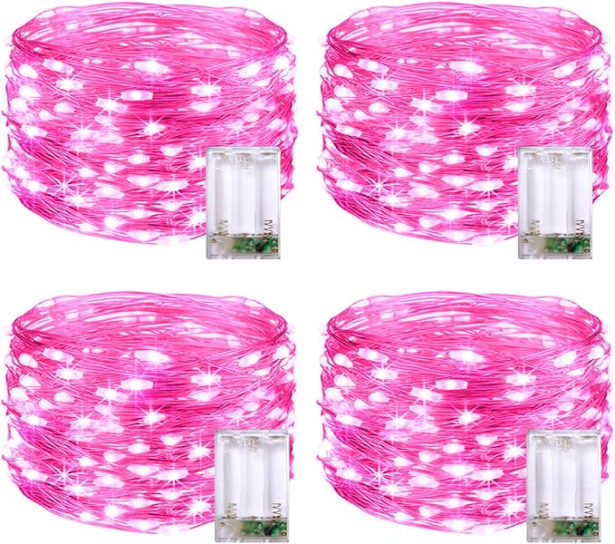 JMEXSUSS 4 Pack 50 LED Pink Fairy Lights Battery Operated, 16.1ft Pink Room Decor Fairy Lights Indoor Outdoor Waterproof, Christmas String Lights for Bedroom Wedding Birthday Holiday Decorations