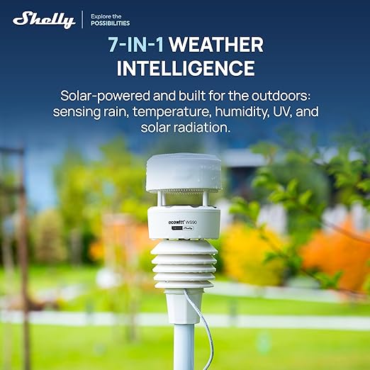 Ecowitt WS90 7-in-1 Weather Station with Bluetooth & Zigbee connectivity, Ultrasonic Wind Monitoring, Haptic rain Detection, Temperature & Humidity Tracking, UV & Illuminance, IPX5, Powered by Shelly