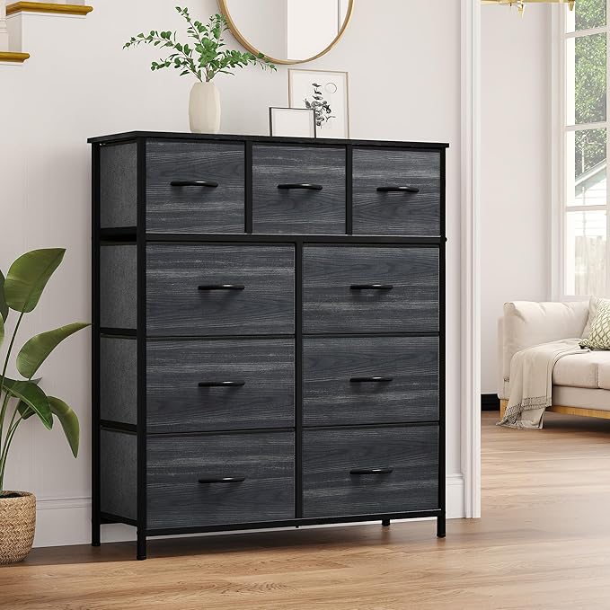 YITAHOME Dresser for Bedroom with 9 Drawers - Fabric Storage Tower, Tall Chest Organizer Unit for Living Room, Entryway, Closets with Sturdy Steel Frame, Wooden Top