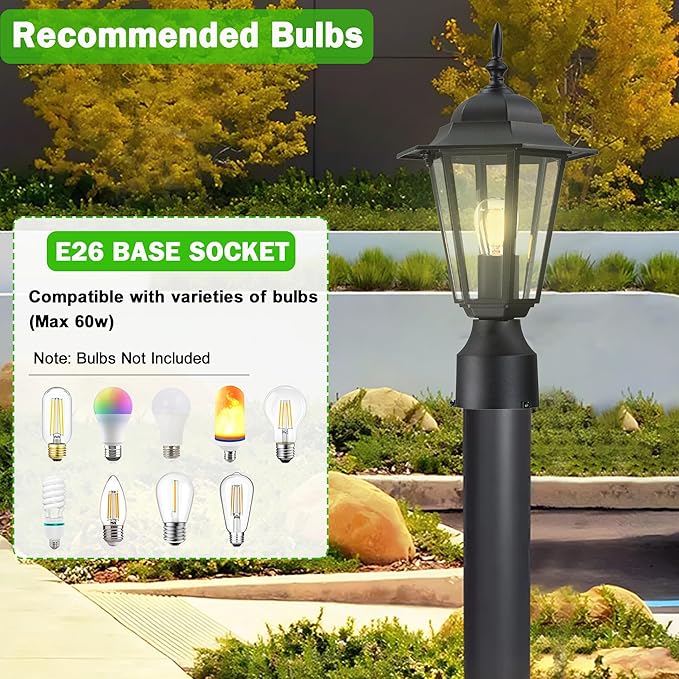 Outdoor Post Light, Pole Lantern, Waterproof Die-Cast Aluminum Pole Light Fixture with Glass, Exterior Post Lamp for Garden Yard Patio Pathway, Matte Black, 1-Pack