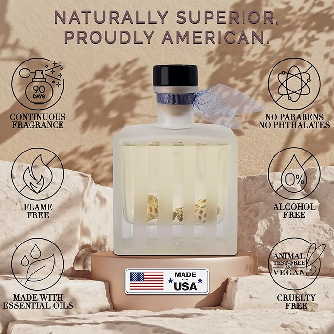 LOVSPA Reed Diffuser Set, Ocean Driftwood Scented Oil Diffuser with Sticks, Home Fragrance Accessories for Bathroom Shelf Decor, Aroma Diffusers for Home or Office Desk, USA Made