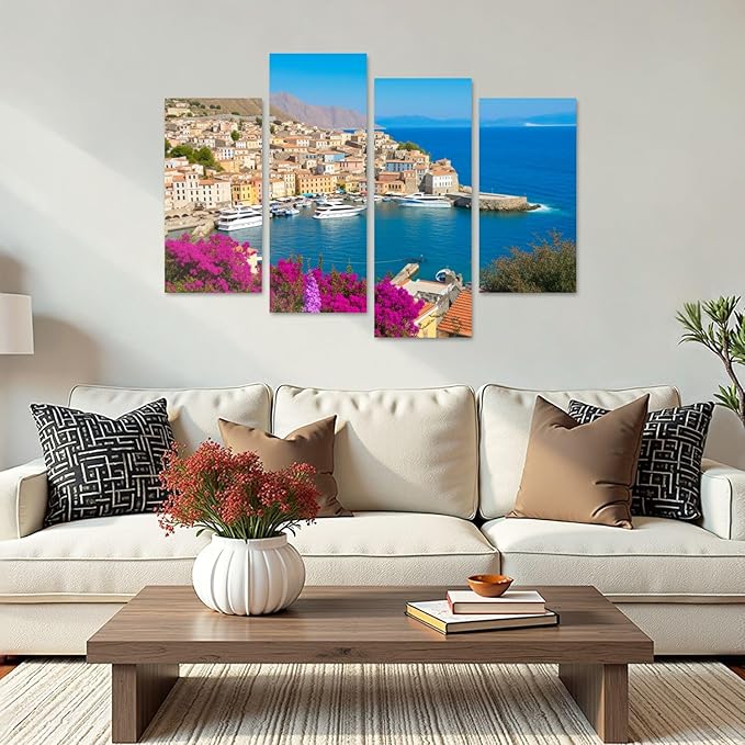 Canvas Wall Art Prints Pictures Symi town cityscape Dodecanese islands Greece Framed Posters Modern Wall Painting Artwork Gift Home Decor for Living Room Ready to Hang 4 Panel