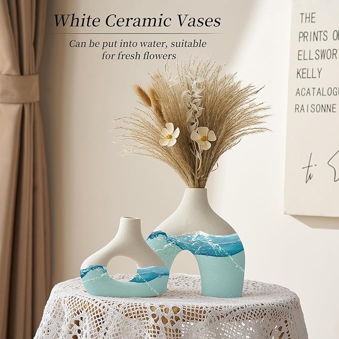 AWNR White Ceramic Vase Set of 2 for Modern Home Decor, Minimalist Round Donut Flowers Vase for Centerpieces Unique Neutral Boho Vase for Living Room Tv Stand Dining Room Dinner Table Decoration