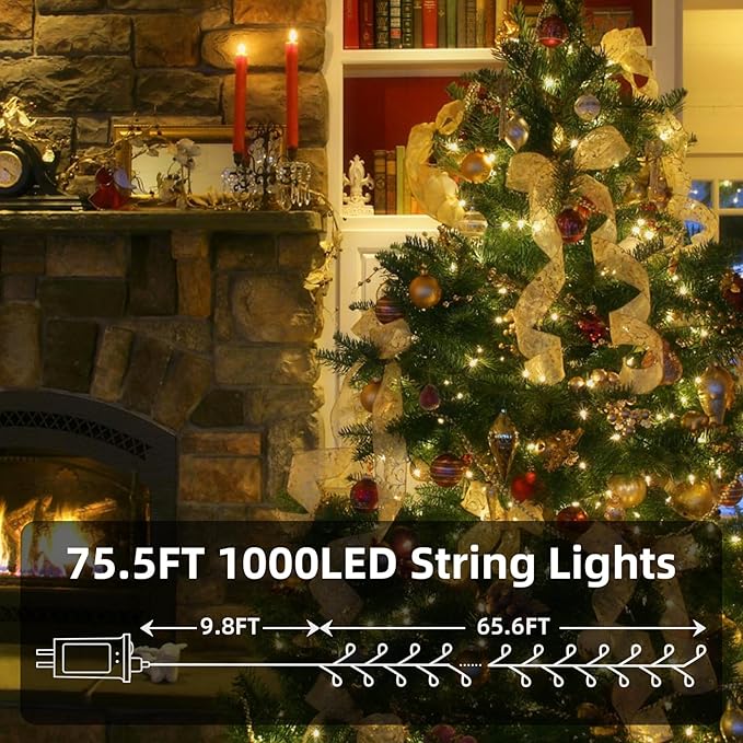 Dailyart Fairy Lights Plug in, 1000 Led Fairy Lights with Remote 75Ft Warm Light with Timer Long Twinkle Light Waterproof String Light for Bedroom Outdoor Indoor Decorative,Green Wire