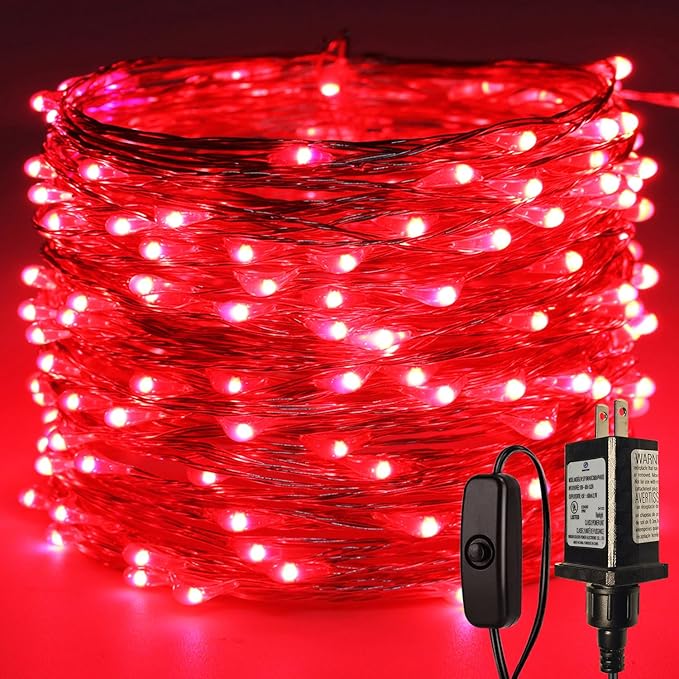 RUICHEN Plug in Fairy Lights with Switch, Waterproof 66 Ft 200 LED Silver Wire Starry String Firefly Lights for Bedroom, Patio, Garden, Balcony, Dorm, Red