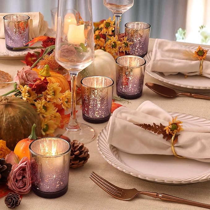 Volens Purple Votive Candle Holders Set of 12, Speckles Mercury Glass Tealight Candle Holder Bulk for Table Wedding Centerpiece, Purple and Gold Party Decorations & Home Decor