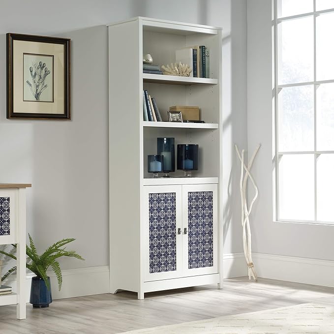 Sauder Cottage Road Book Shelf, Bookshelf with Storage, Library Bookcase with Doors and Adjustable Shelves, in Soft White Finish