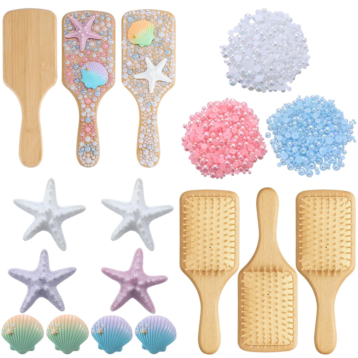 LemonRoad 3 Pcs DIY Pearl Shell Hair Brush Kit Make Your Own Hair Brush with Resin Shells Simulated Starfish Half-pearls, Hairbrush Accessories for Women, Bridal & Baby Shower Wedding Gift