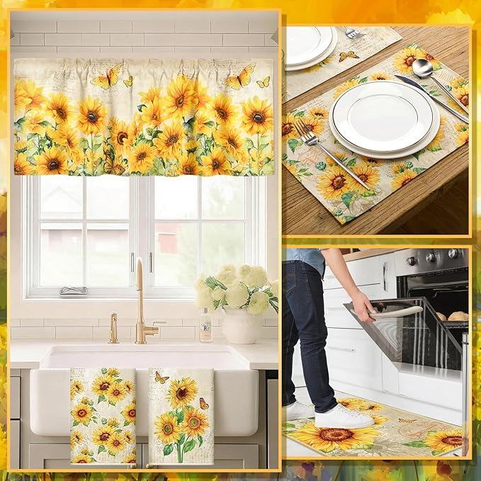 16 Pcs Farmhouse Sunflower Kitchen Decor Set 4 Kitchen Towels 2 Non Slip Rugs and Mats for Floor 4 Placemats 2 Curtains 2 Rustic Oven Mitts Gloves 2 Pot Holders for Home Decor Mom Cooking Gift