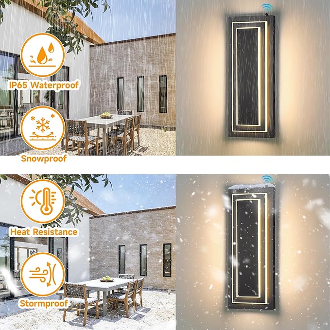 Dusk to Dawn Outdoor LED Wall Sconce,15.7 in Black Modern Square Outdoor Light Fixtures Wall Mount,Waterproof 2-Tier Exterior Lights for House,Garage,Porch,Patio,Yard,Foyer,3000K,24 W, 2PCS