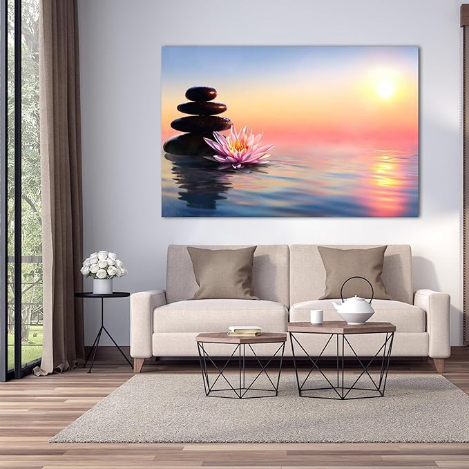 Zen Wall Art Decor, Modern Bathroom Zen Decor Wall Art, Large Canvas Wall Art for SPA Zen Room Decor, Pink Lotus Flower and Pebble Relaxing Zen Art Prints for Office & SPA Wall Decor 32x48 Inches