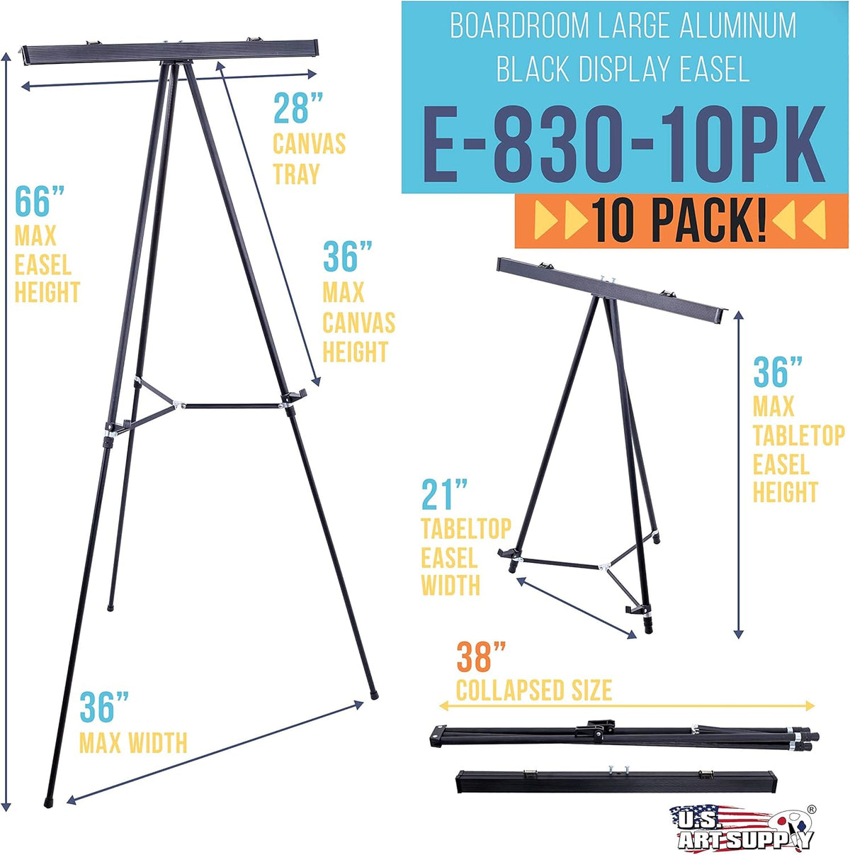 U.S. Art Supply 66" High Boardroom Black Aluminum Flip Chart Easel & Presentation Stand (10 Pack) - Adjustable Floor/Tabletop, Portable Tripod, Holds 25 lbs., for Chart Paper, Poster Boards, & Pads