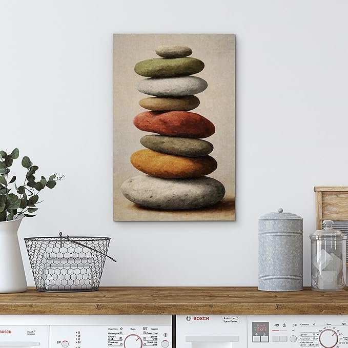 wall26 Canvas Print Wall Art Stacked Zen Stones in Rain Tranquil Nature Photography Realism Rustic Colorful Multicolor for Living Room, Bedroom, Bathroom - 24"x36"