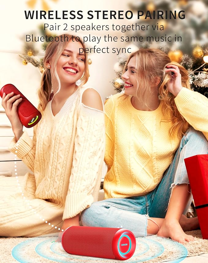 SOWO Portable Bluetooth Speaker, Waterproof IPX7, 25W Loud Wirelss Speaker with Big Audio and Punchy Bass, Outdoor Bluetooth for Party, Beach, Travel, Girls Gifts - Red